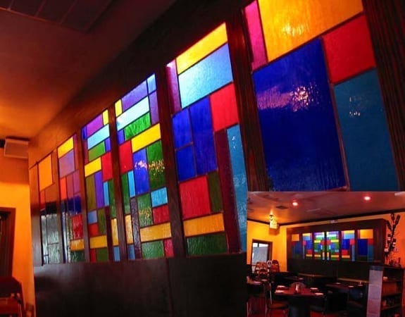 Stained glass displayed in a restaurant interior window